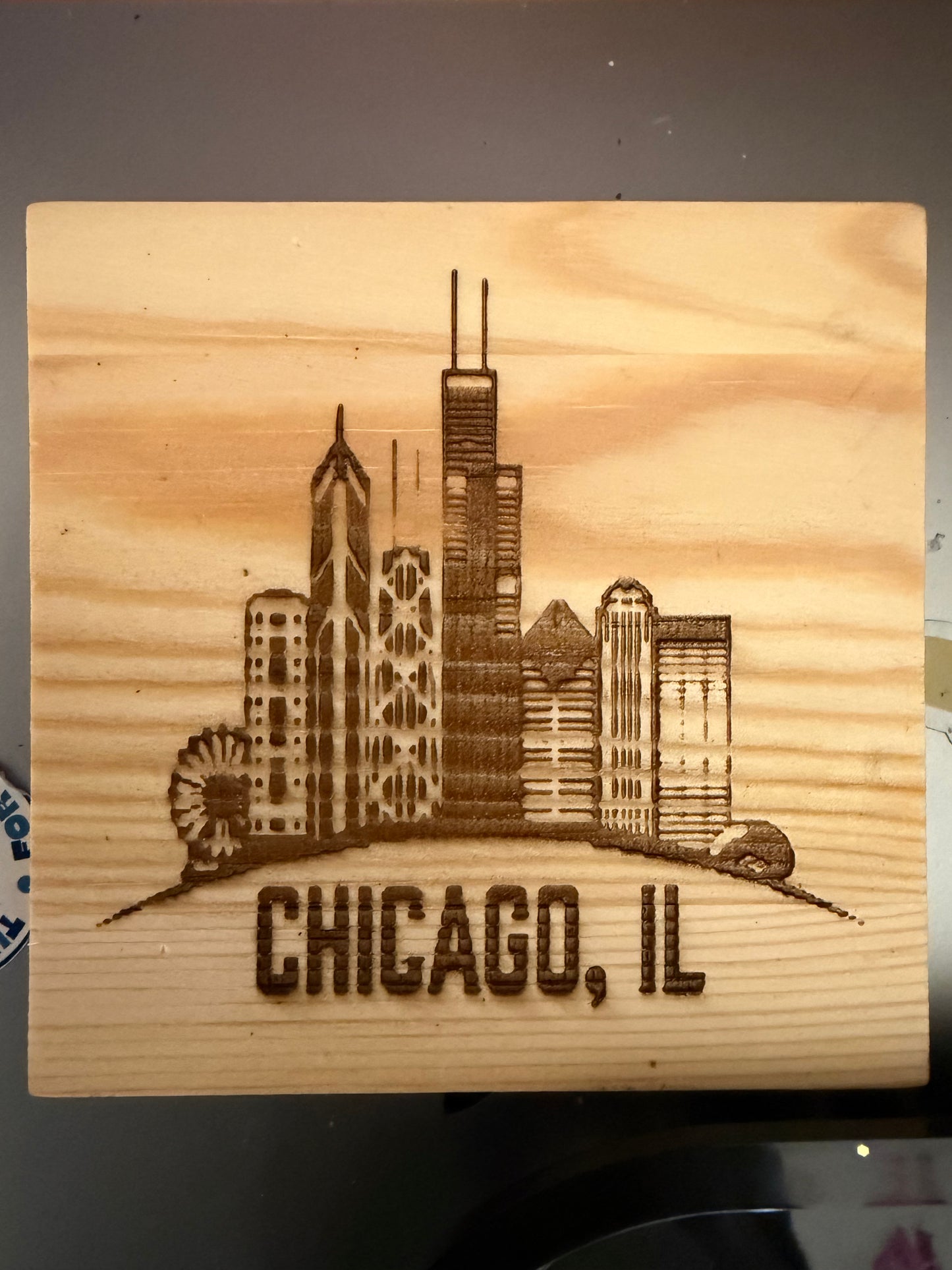 Square wooden Chicago skyline w Chicago Illinois