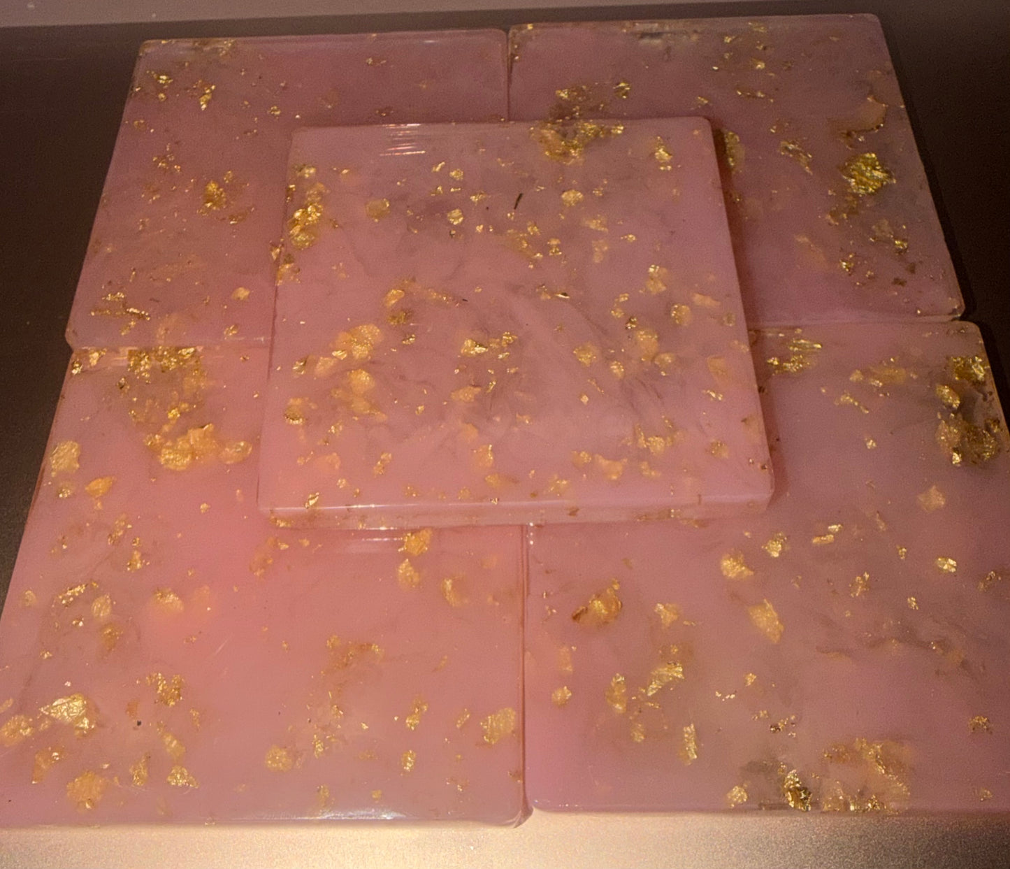 Square pink with gold flake epoxy coasters with holder
