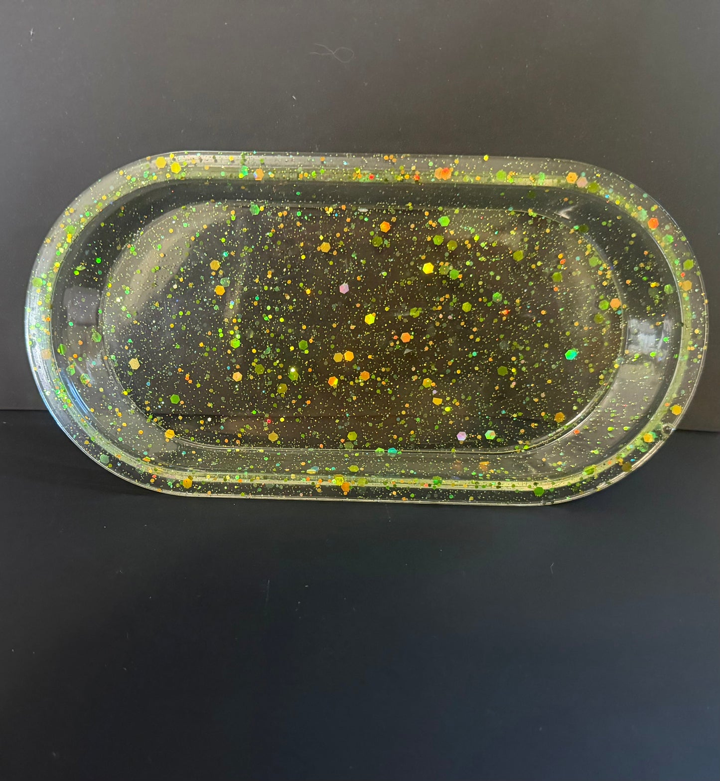 Small clear with green glitter epoxy resin cigar rolling tray