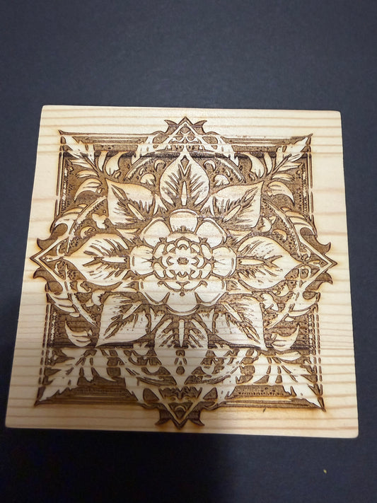 Floral pattern square wood coaster