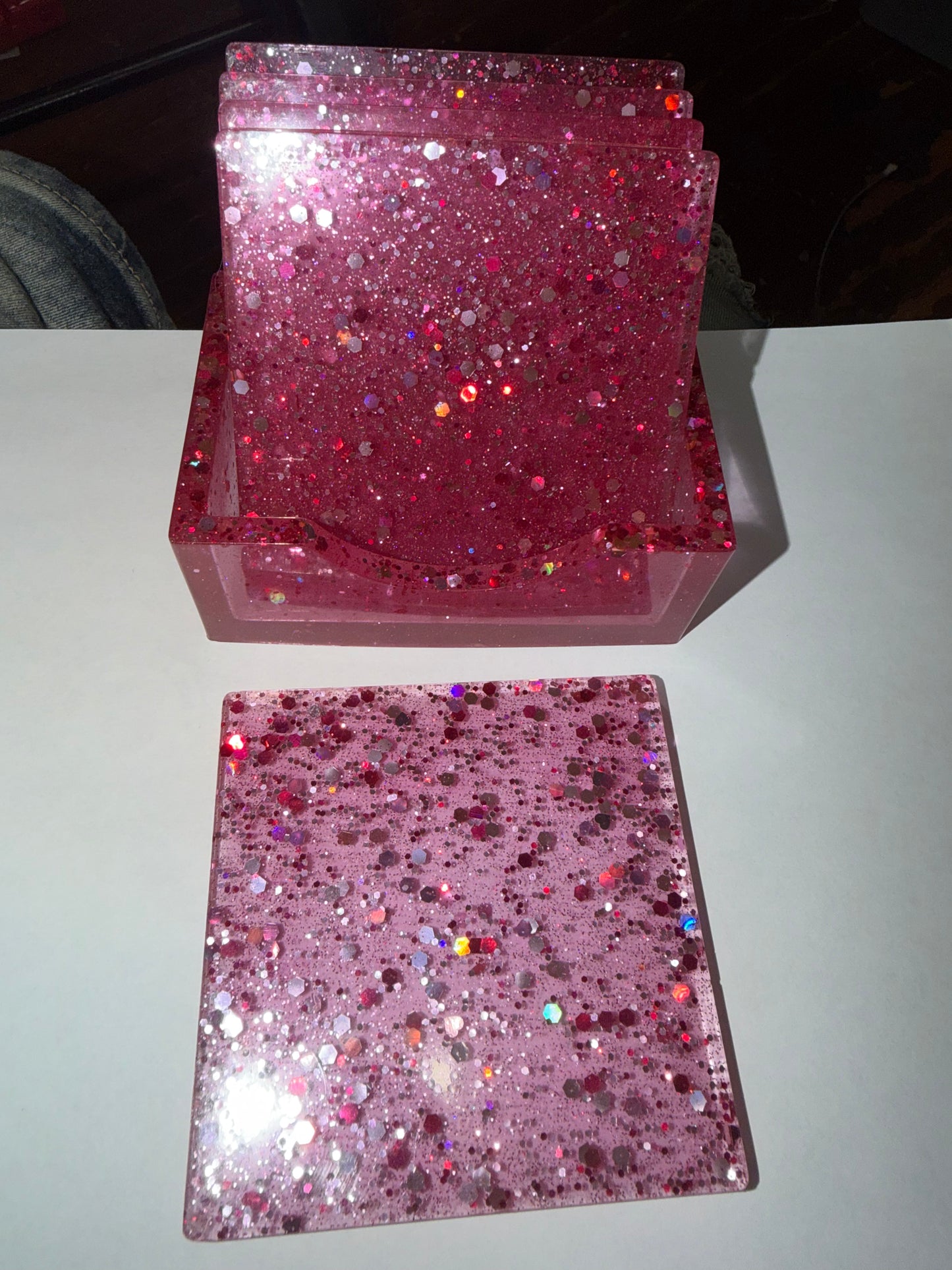 Square Pink resin coasters with pink glitter