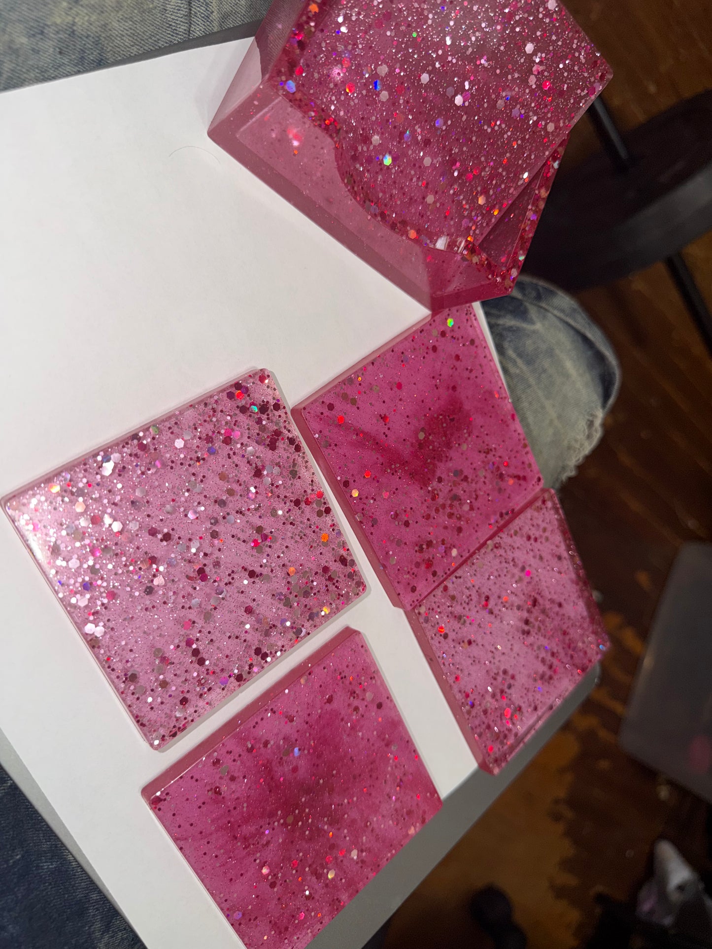 Square Pink resin coasters with pink glitter