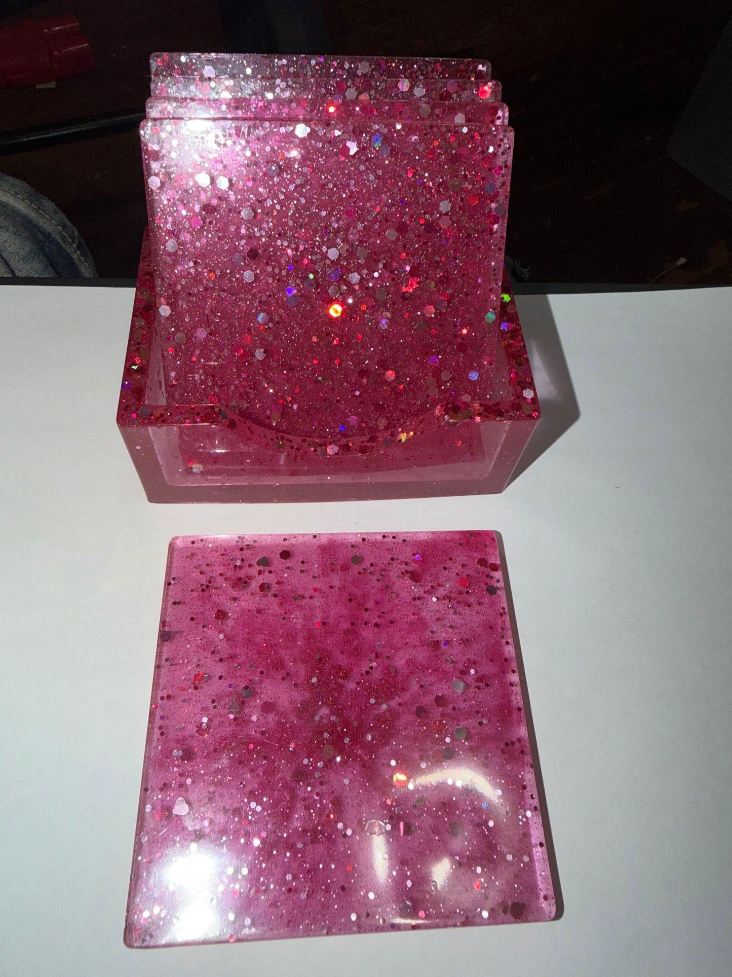Square Pink resin coasters with pink glitter